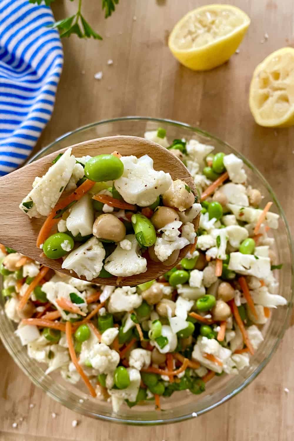 cauliflower salad on a wooden spoon