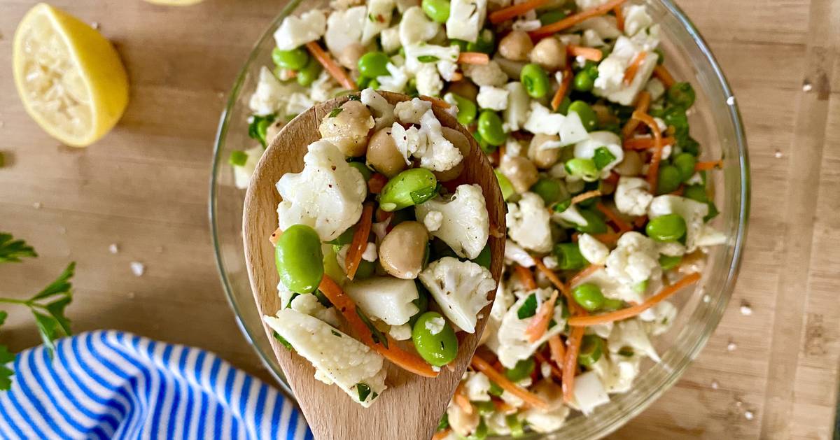 Vegetarian Cauliflower Salad Recipe with Edamame and Chickpeas