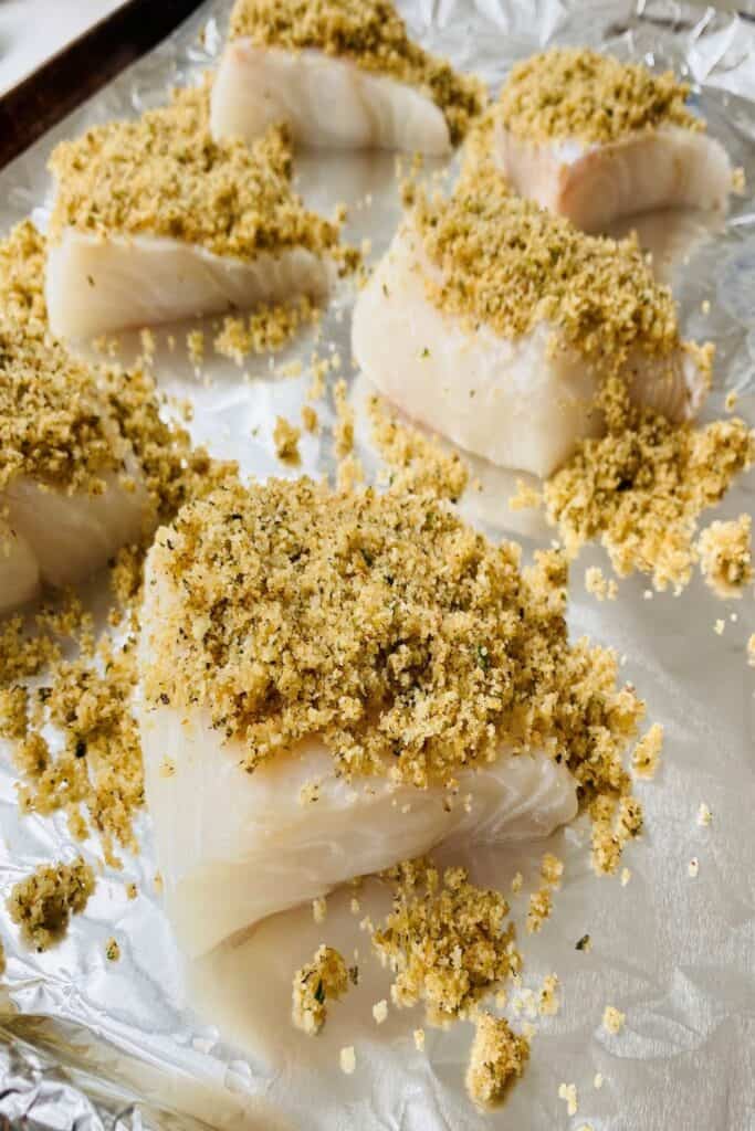 Cod fillets topped with seasoned crumb topping.