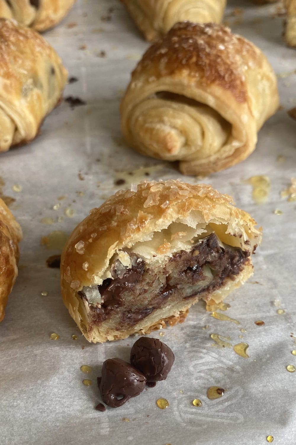 a chocolate puff pastry cut in half
