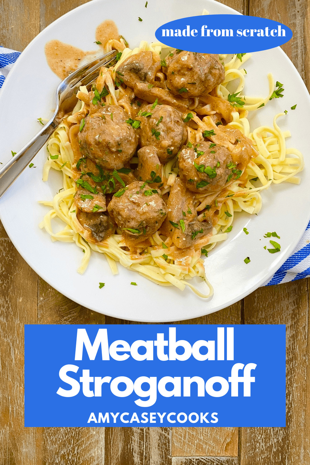 bowl of meatball stroganoff over egg noodles
