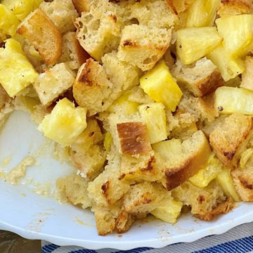 pineapple bread pudding with 1 portion taken out