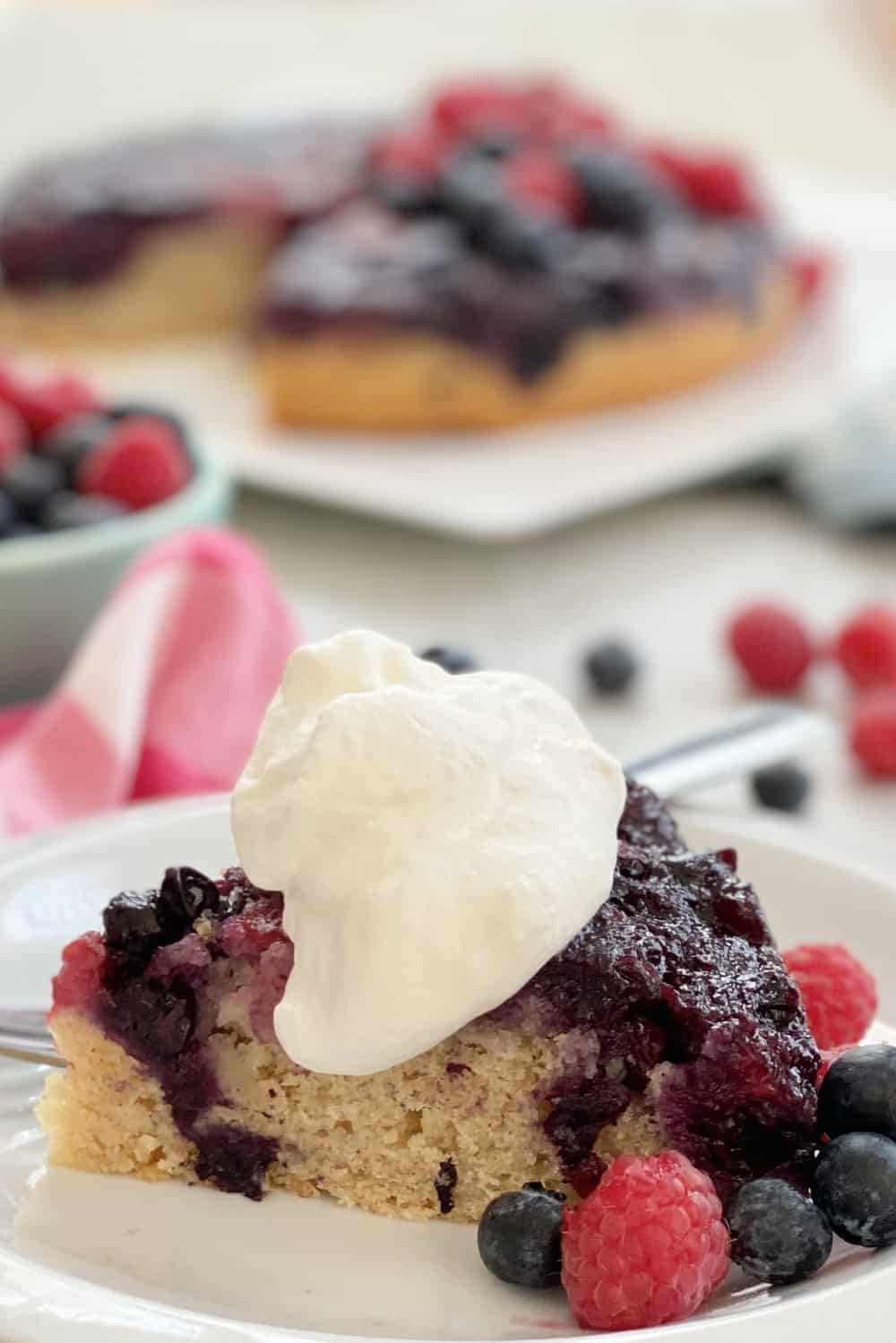 slice of double berry upside down cake