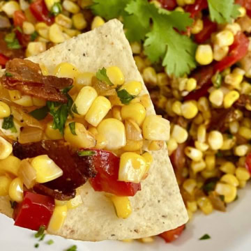 sweet corn salad on a tortilla chip