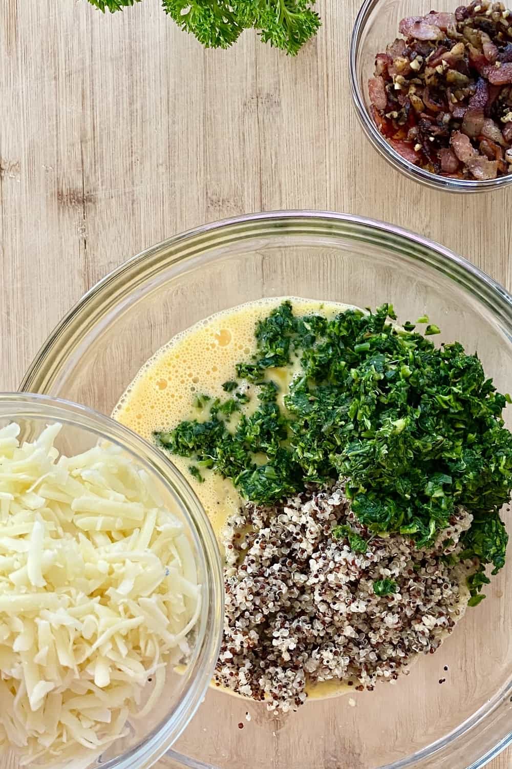 adding cheese to beaten eggs