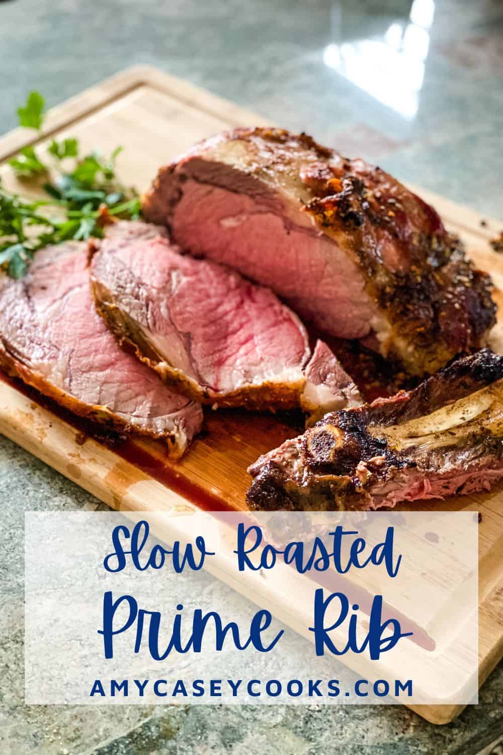 sliced medium rare prime rib on a cutting board.