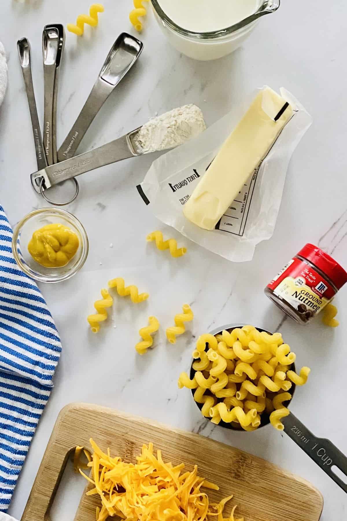 pasta, butter, mustard, flour, nutmeg.
