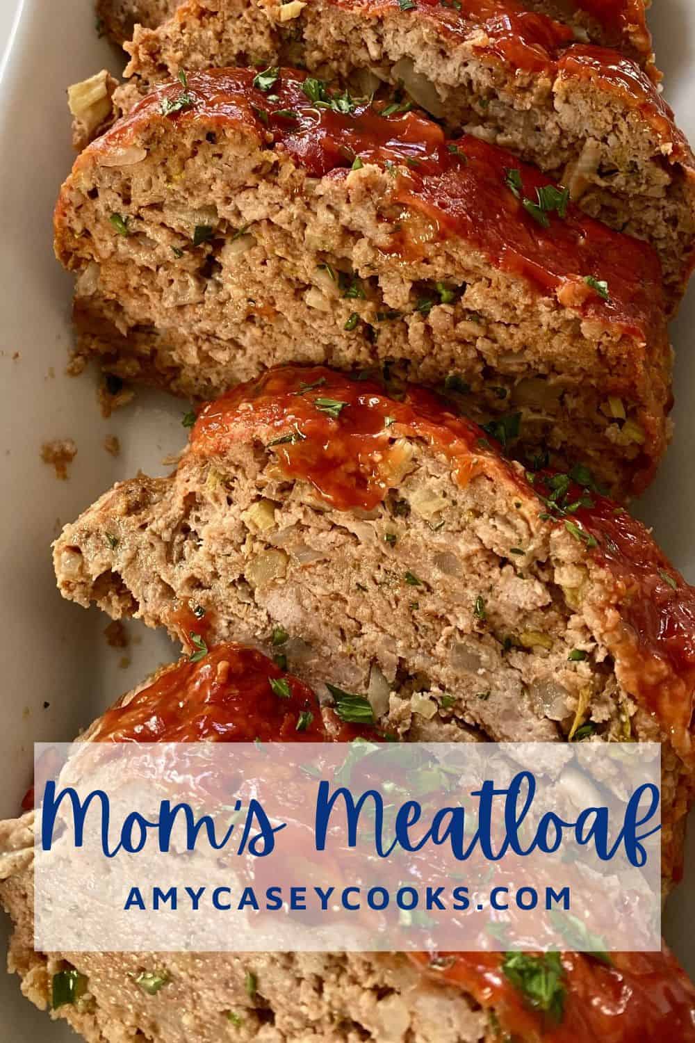 Thick slices of Mom's Meatloaf topped with ketchup
