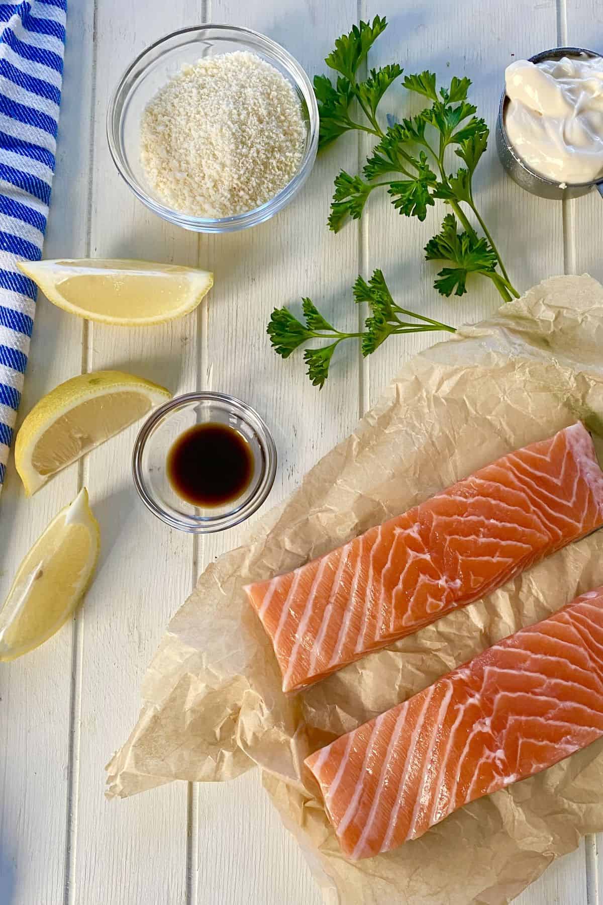 salmon, lemon, mayonnaise, Worcestershire sauce, Parmesan cheese, parsley