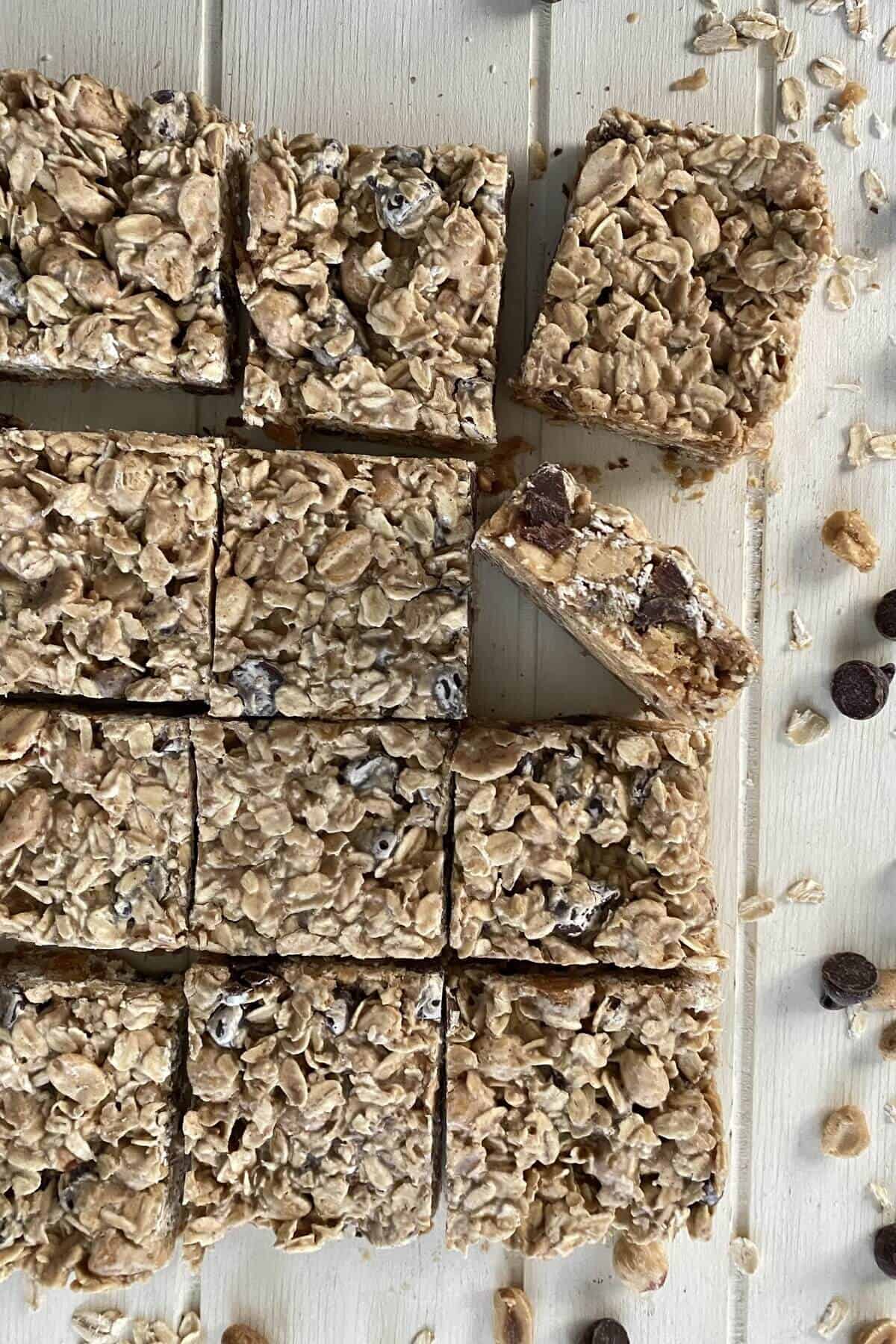 cut peanut butter oat bar squares.