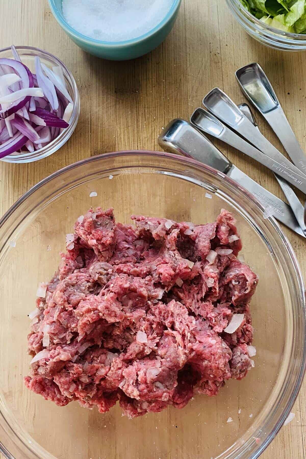 Ground beef mixture for burgers.