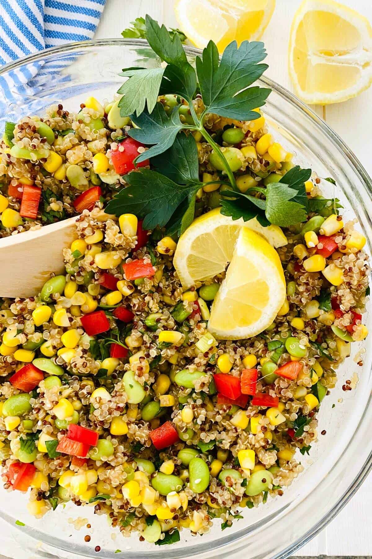 recipe for tricolor quinoa salad in bowl with wooden spoon.