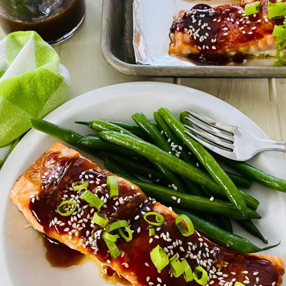 baked teriyaki glazed salmon recipe with green beans.