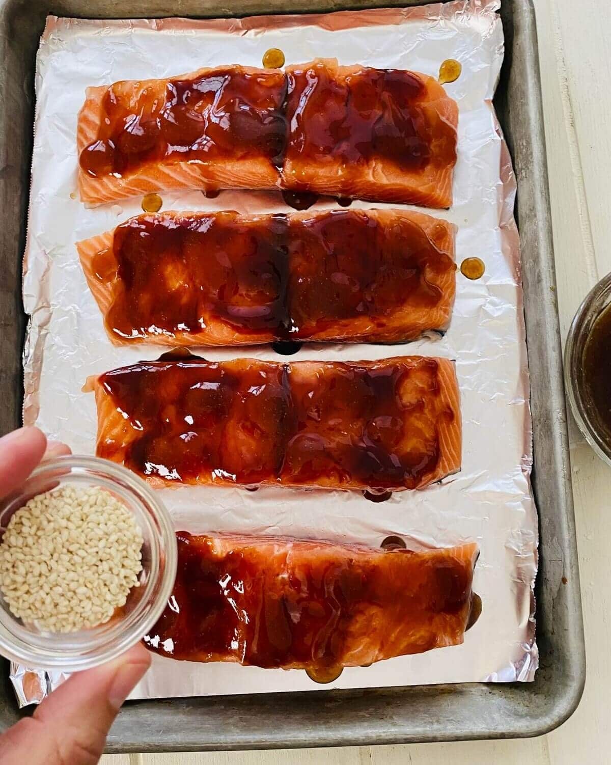 salmon topped with hoisin and teriyaki sauces.