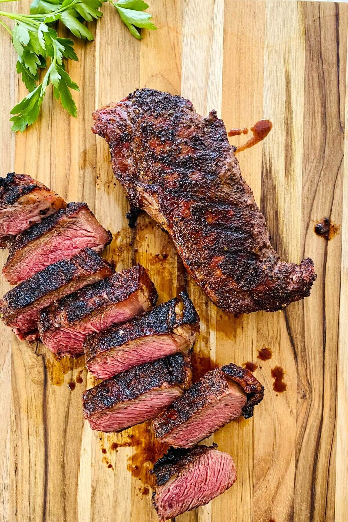 Sliced coffee steak rub.