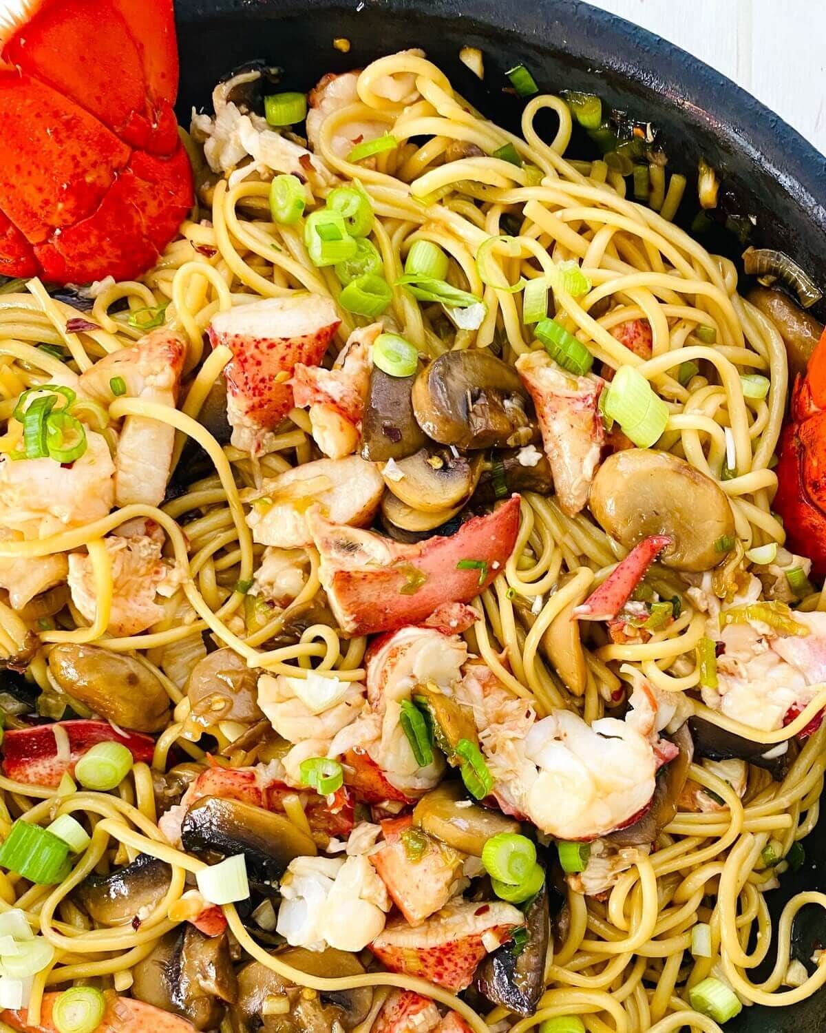 Pasta with lobster stir fry.