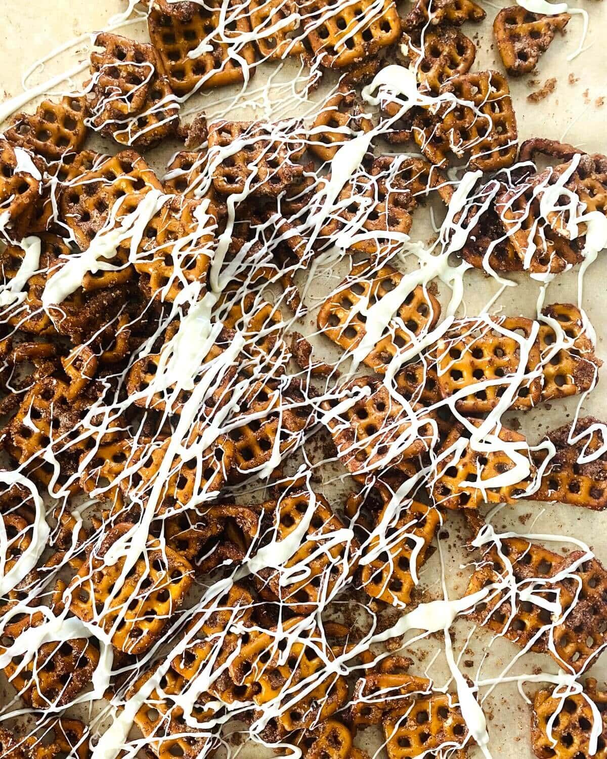 white chocolate drizzled pumpkin spiced pretzels.