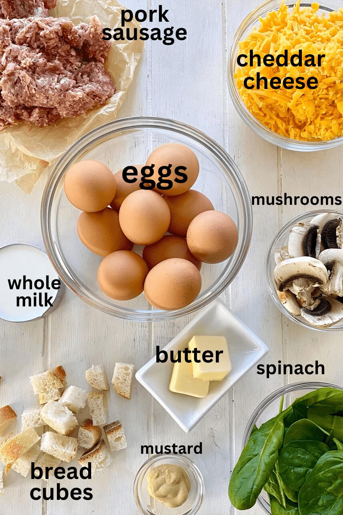breakfast sausage, eggs, cheese, milk, mushrooms, butter, bread cubes, mustard, spinach.