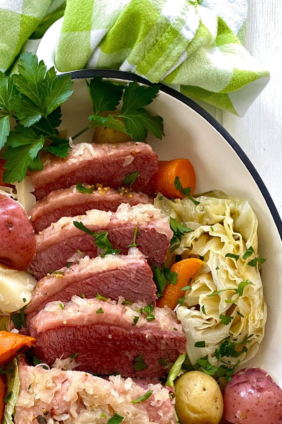 Corned beef, cabbage, carrots and potatoes made in an Instant Pot.