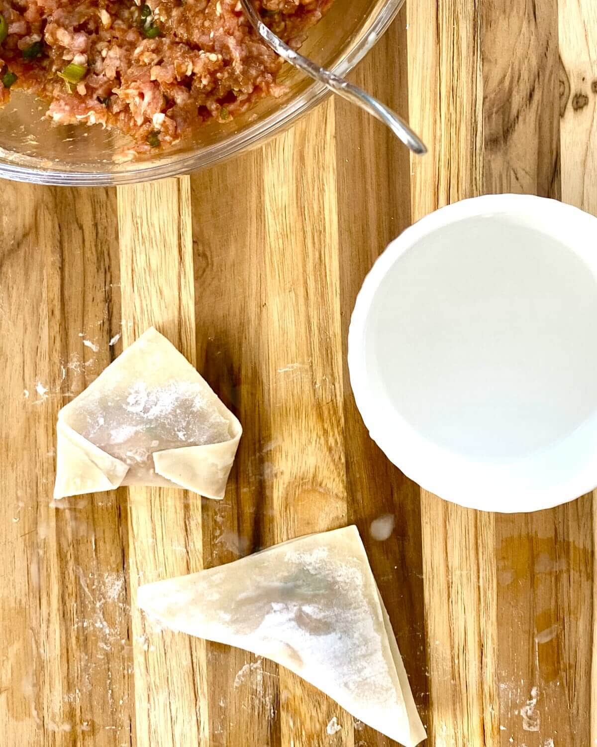 Finished uncooked potstickers.