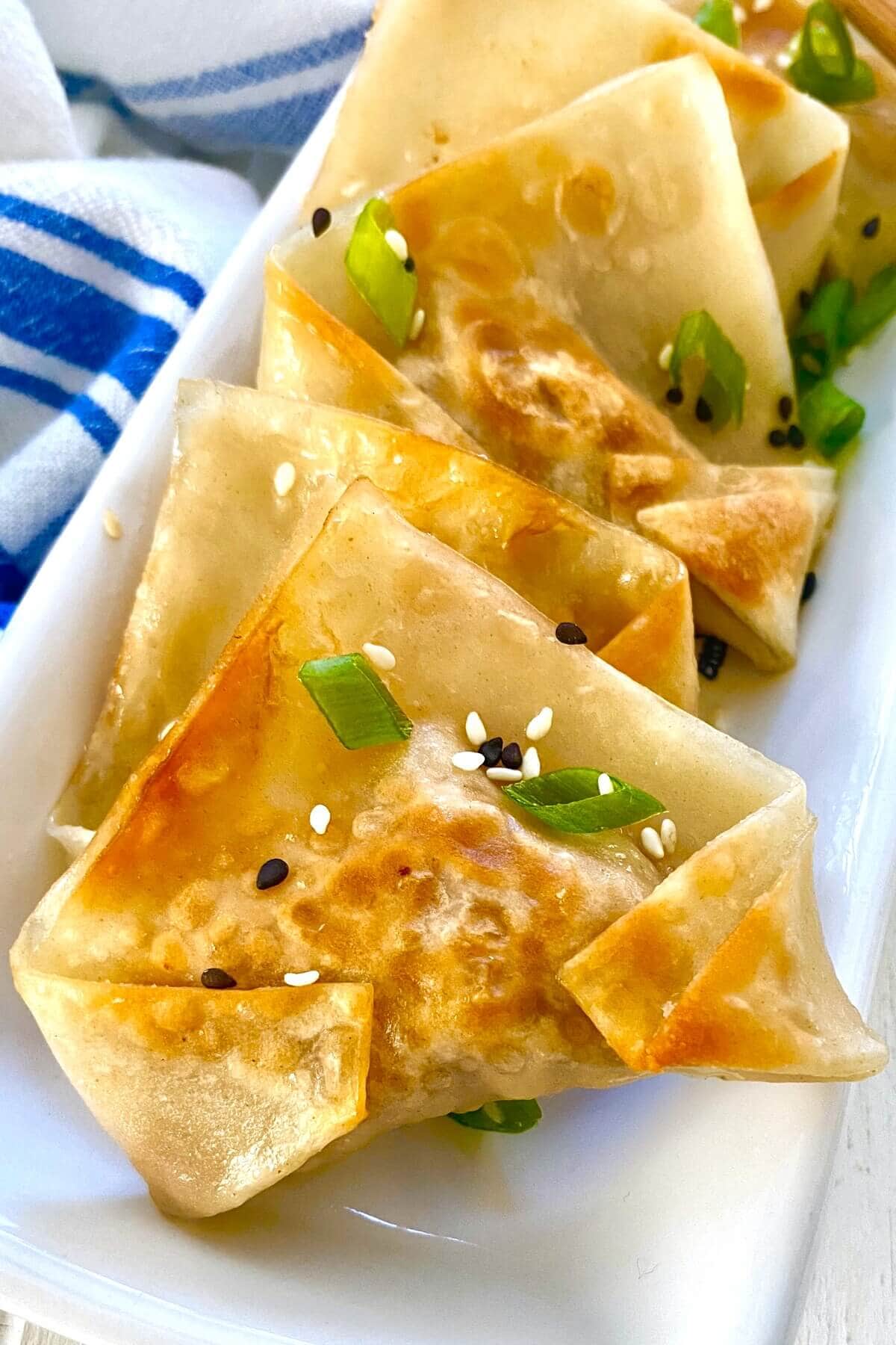 Pork pot stickers on a plate with sesame seeds and sliced green onions.
