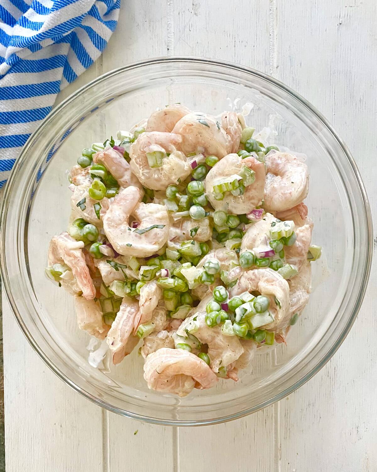 bowl of creamy shrimp salad with Old Bay dressing.