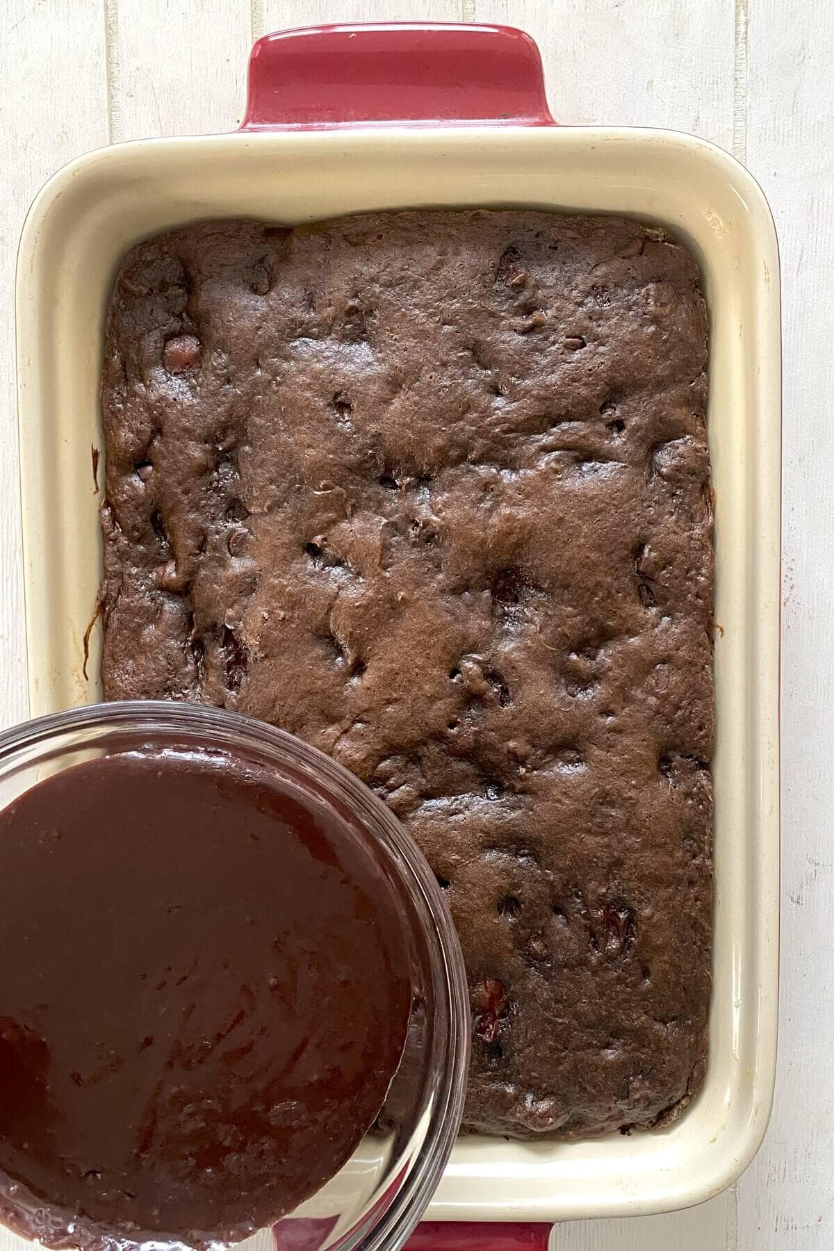 The icing and baked chocolate cake.