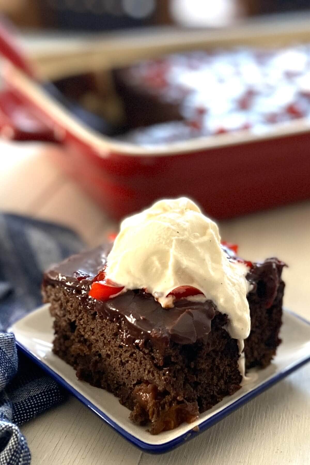 Chocolate cherry cake with ice cream.