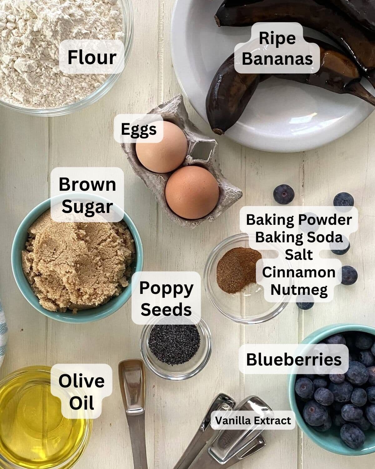 Flour, ripe bananas, eggs, brown sugar, blueberries, olive oil, spices.