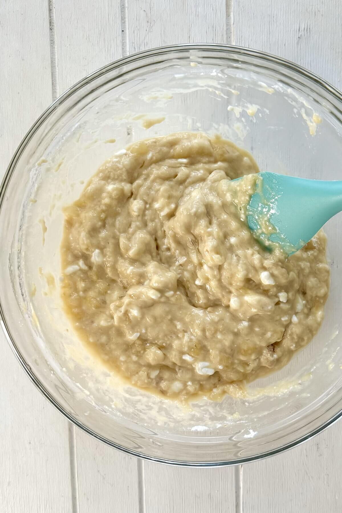 Protein pancake batter in a glass bowl.