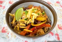 Sizzling Fajita Bowls Atop Taco Rice