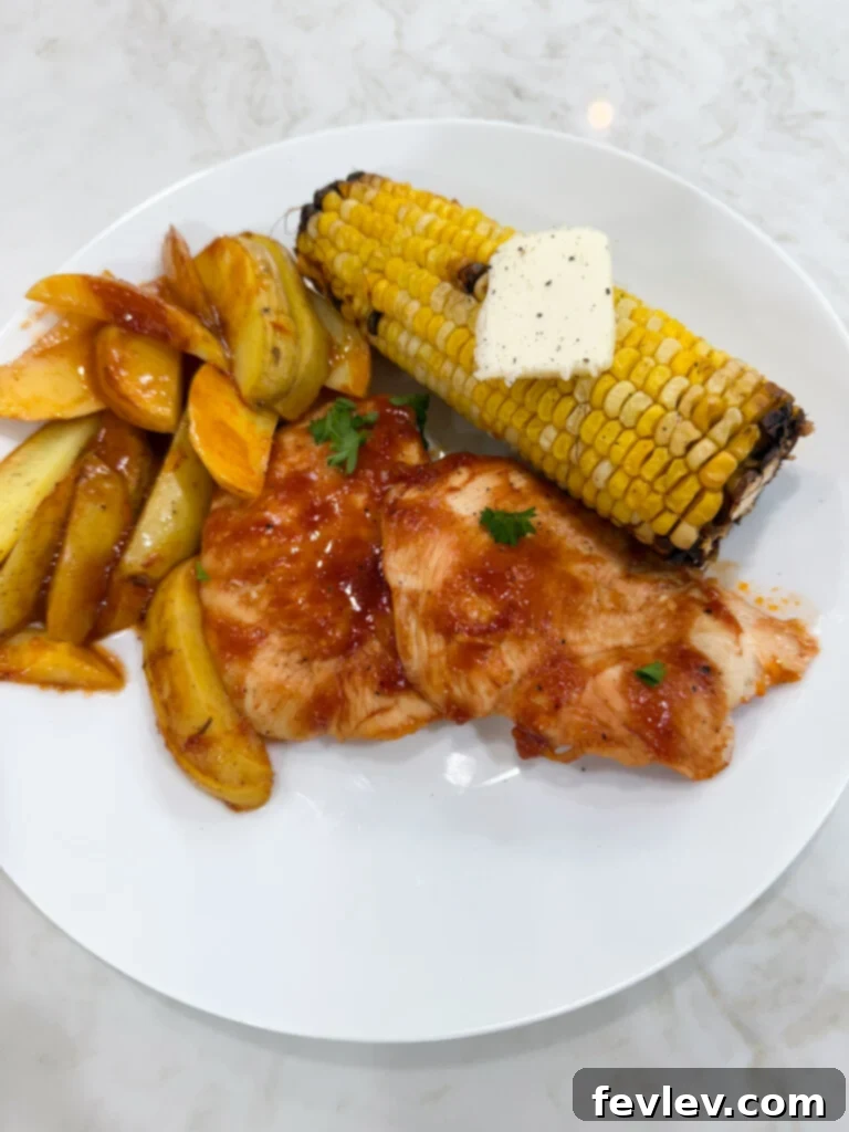 Barbecue Chicken Sheet Pan Feast 6 delicious sheet pan bbq chicken - close-up of a finished sheet pan dinner with BBQ chicken, corn, and potatoes