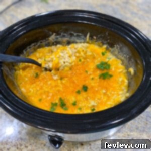 Delicious Slow Cooker Mac and Cheese with melted cheese topping.
