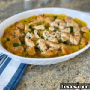 Delicious Shortcut Chicken Pot Pie Casserole with golden brown biscuit topping
