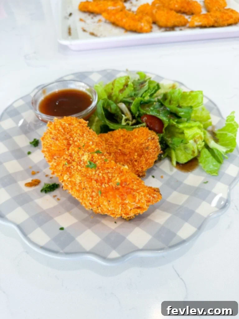 Bold Doritos Crispy Tenders 2 Crispy Dorito Crusted Chicken Tenders on a baking sheet, ready to be served