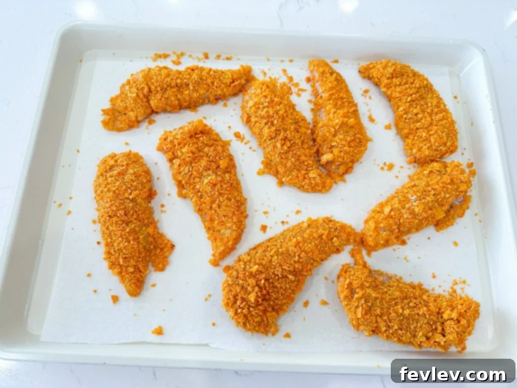 Bold Doritos Crispy Tenders 9 Dorito crusted chicken tenders arranged on a parchment-lined baking sheet