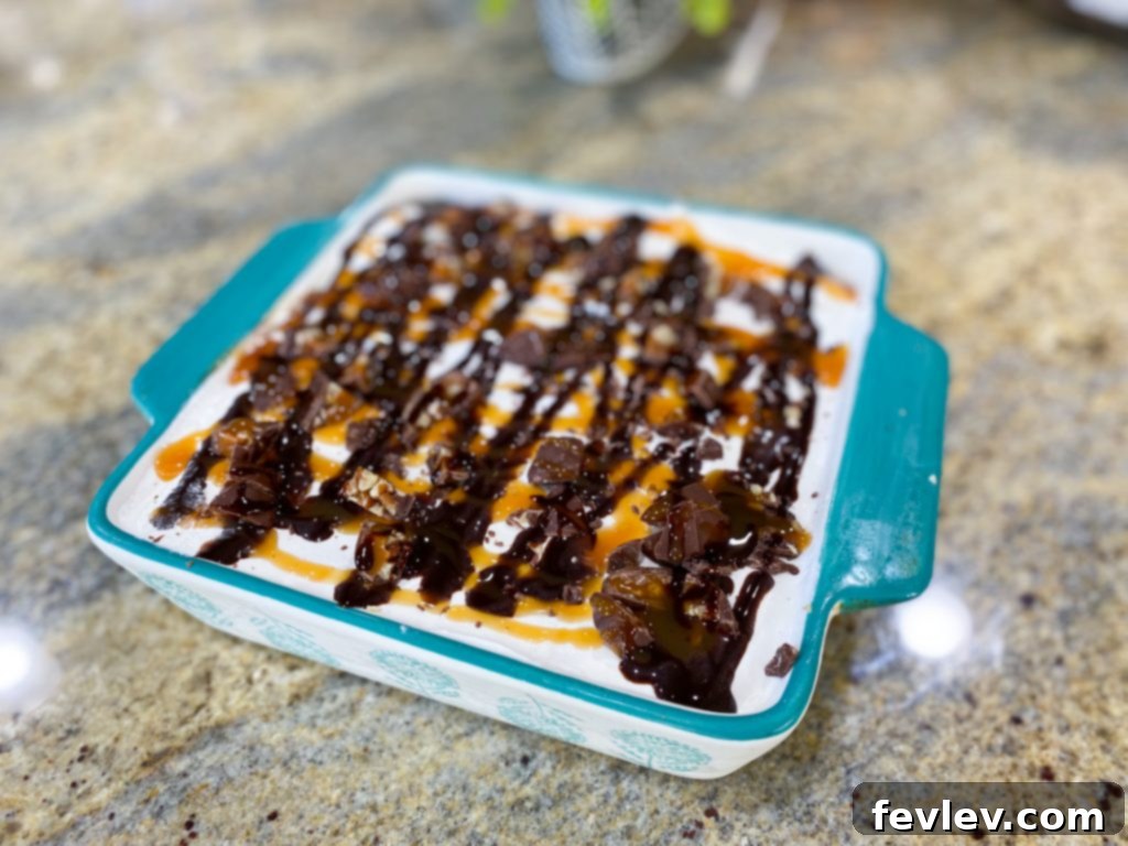 Elegant No-Bake Layered Turtle Dessert with visible layers of chocolate, caramel, and pecans, a gourmet no-bake option