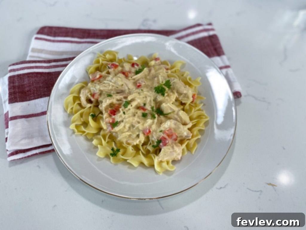 Delicious Slow Cooker Ranch Chicken served with pasta