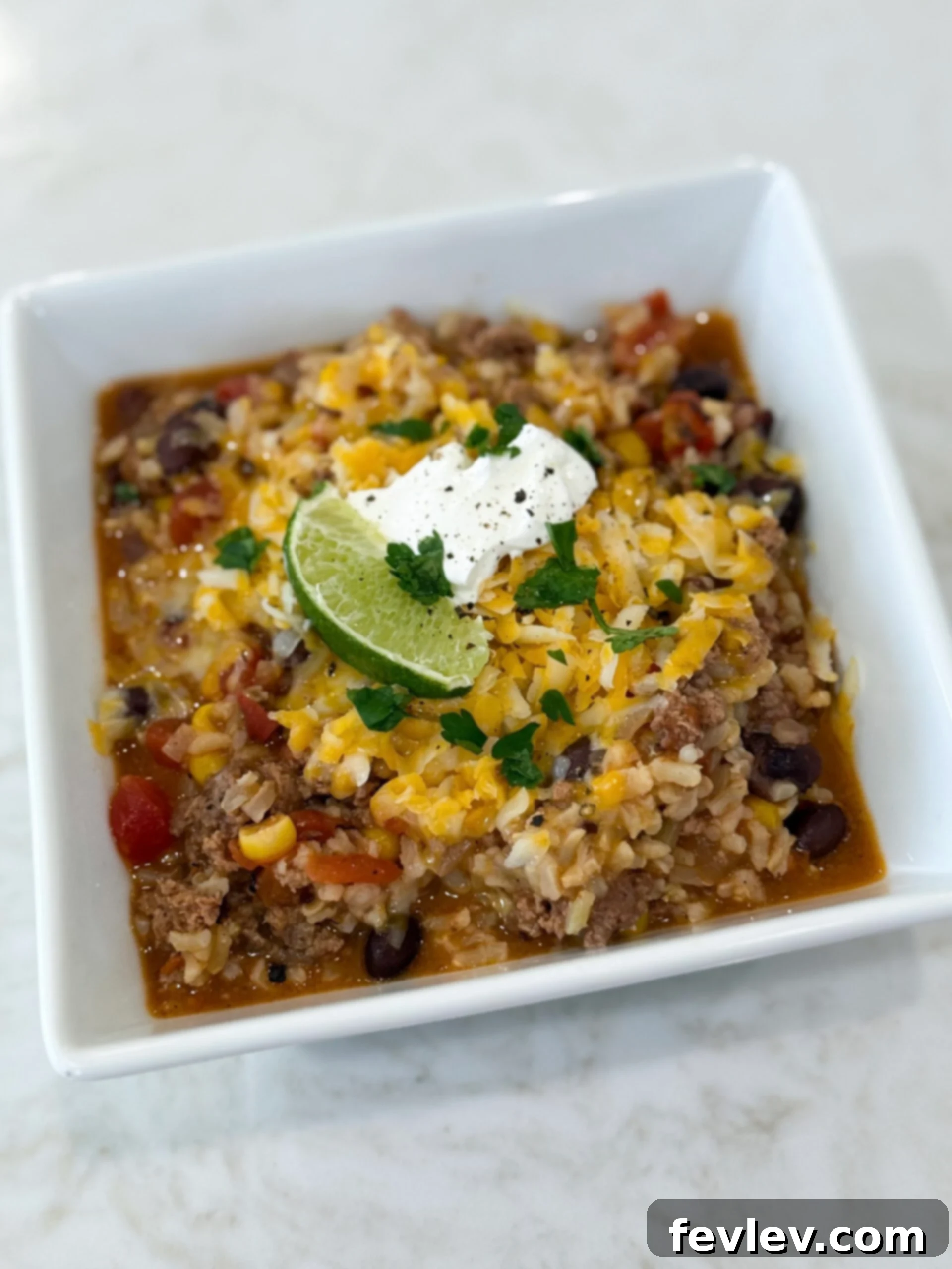 Bowl of Mexican beef and rice topped with avocado and sour cream and fresh cilantro
