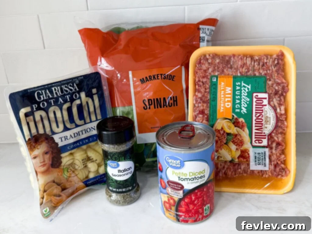 A selection of fresh ingredients for Simple Sausage and Tomato Gnocchi