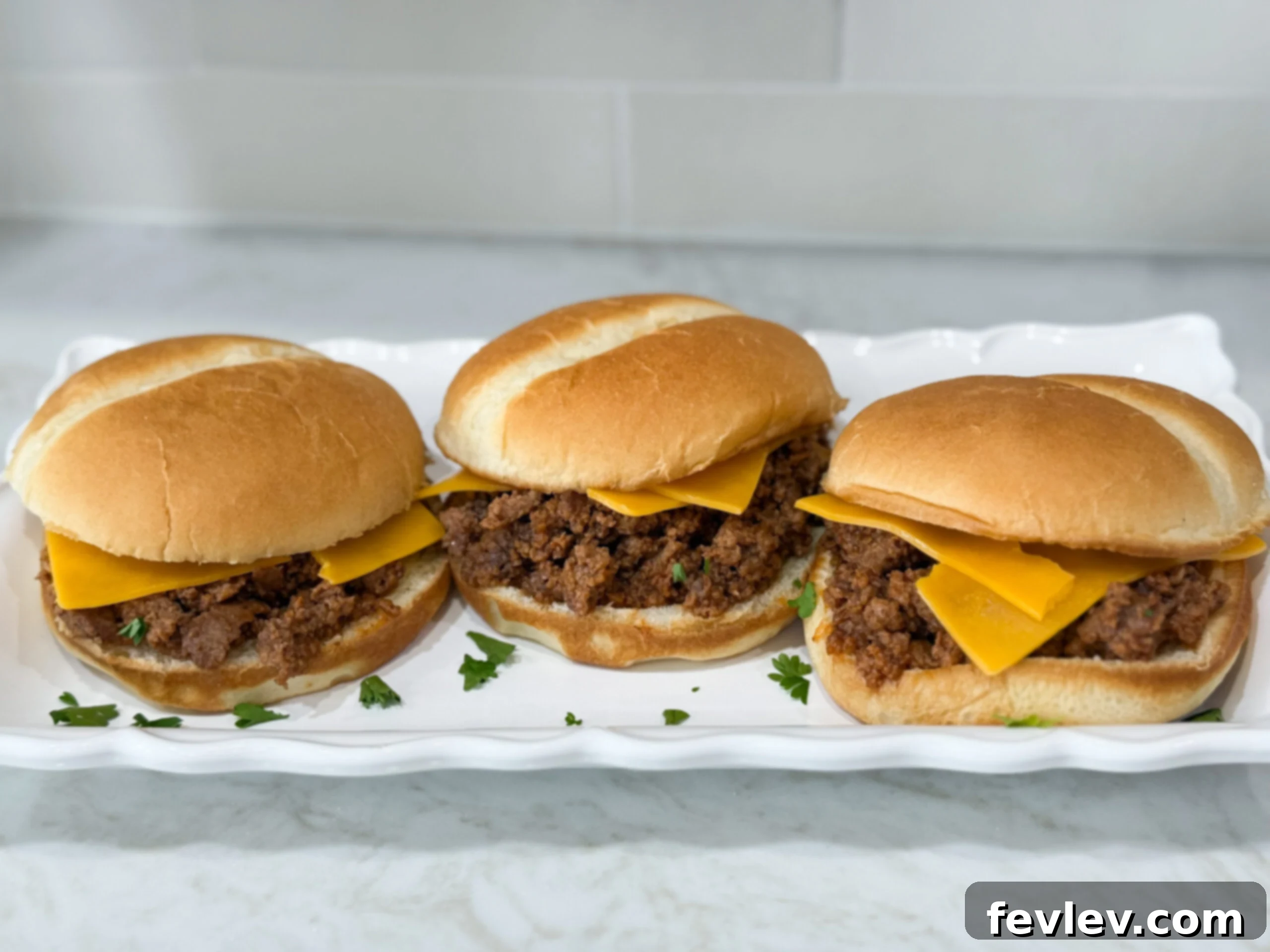 Weeknight Sloppy Joe Winner 2 Simple Sloppy Joe sandwiches with cheese on hamburger buns on a long white plate on top of a white counter