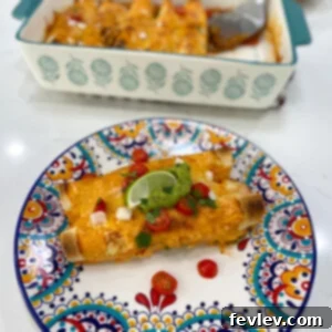 Delicious Beefy Rice Enchiladas, golden brown and covered in bubbly melted cheese and rich red sauce