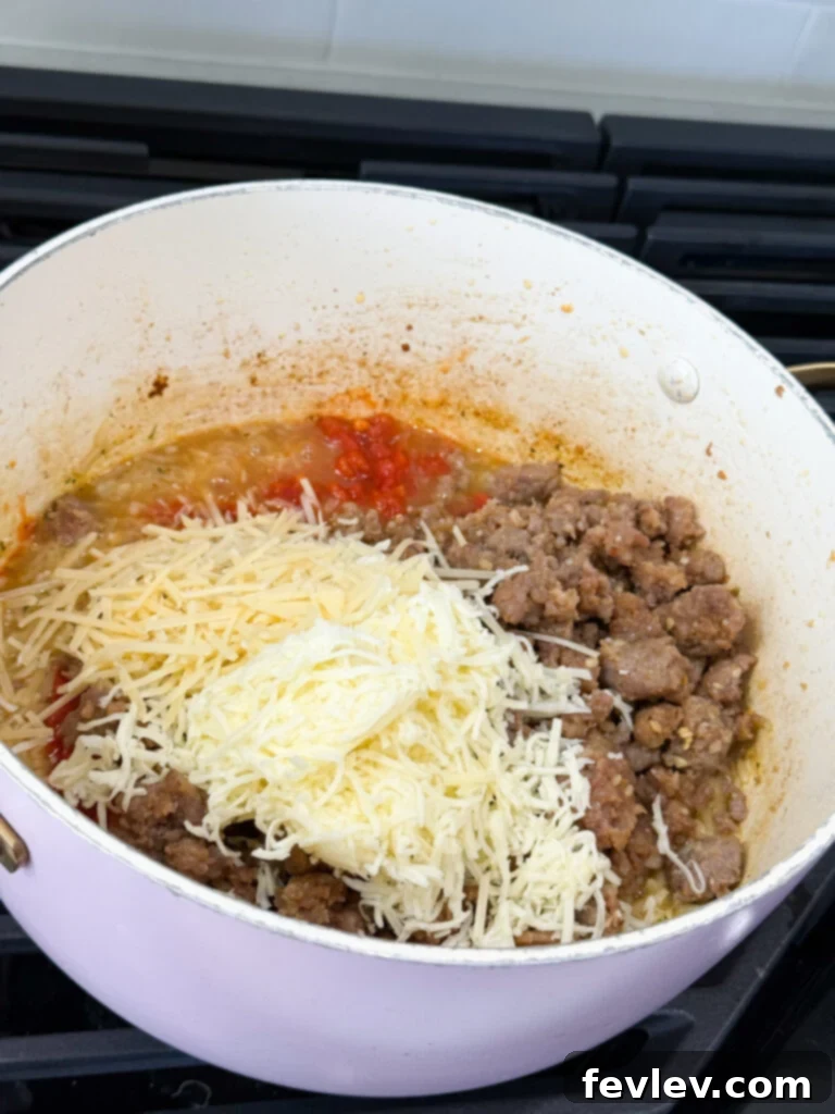 Hearty Italian Sausage and Rice 5 One pot Italian Sausage and Rice dinner topped with melted mozzarella and parmesan cheese