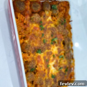 Delicious Meatball Pasta Casserole with melted mozzarella cheese