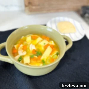 A bowl of homemade chicken noodle soup with fresh parsley garnish.