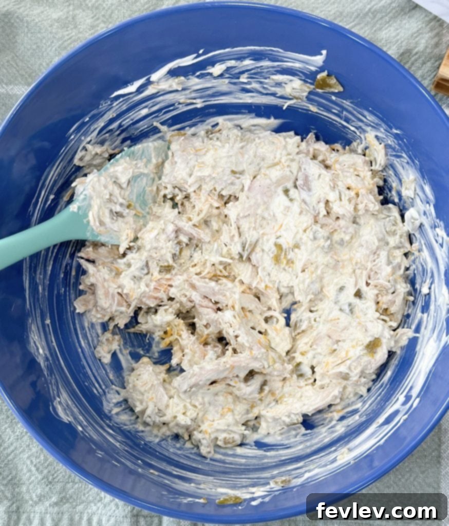 Mixing the chicken and cheese filling for enchiladas