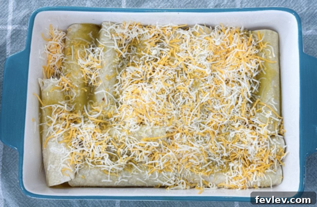 Green chili chicken enchiladas baking in the oven