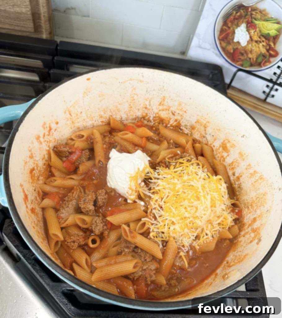 Simple Turkey Pasta Skillet 4 Penne pasta simmering in a rich tomato and ground turkey sauce