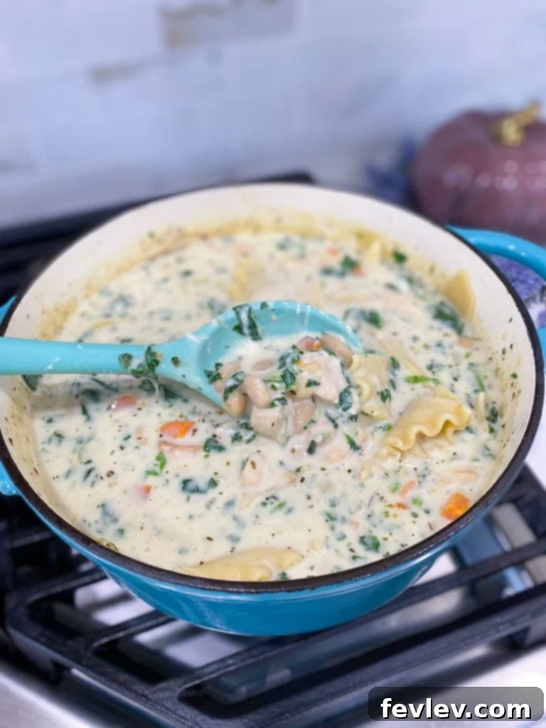 One-Pot Creamy Chicken Lasagna Soup 2 A steaming bowl of creamy One-Pot White Chicken Lasagna Soup, garnished with fresh herbs and a sprinkle of cheese. Features tender chicken, cannellini beans, and broken lasagna noodles in a rich white sauce.