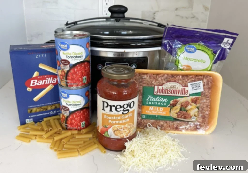 close up of slow cooker baked ziti ingredients